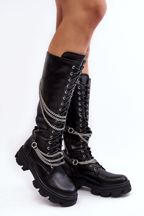 Women's Classic Leather Boots with Chains Black Lannera