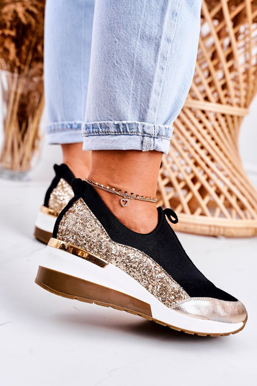 Women’s Leather Wedge Sneakers Black Gold Frances