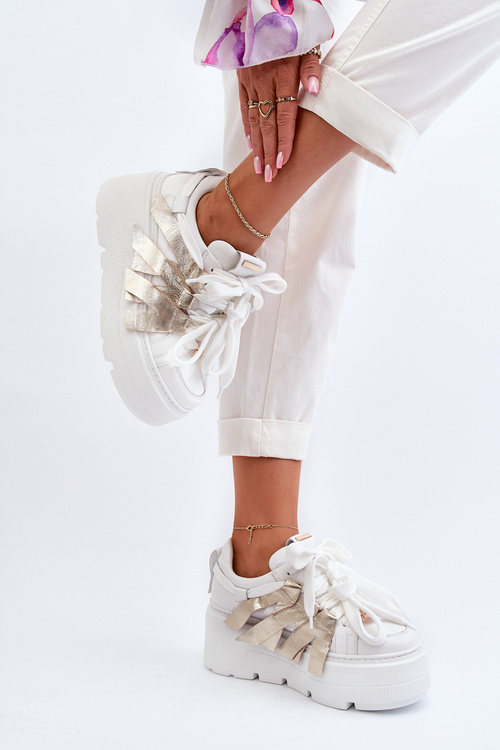 White-Gold Chunky Platform Sneakers Zazoo 2F-7033