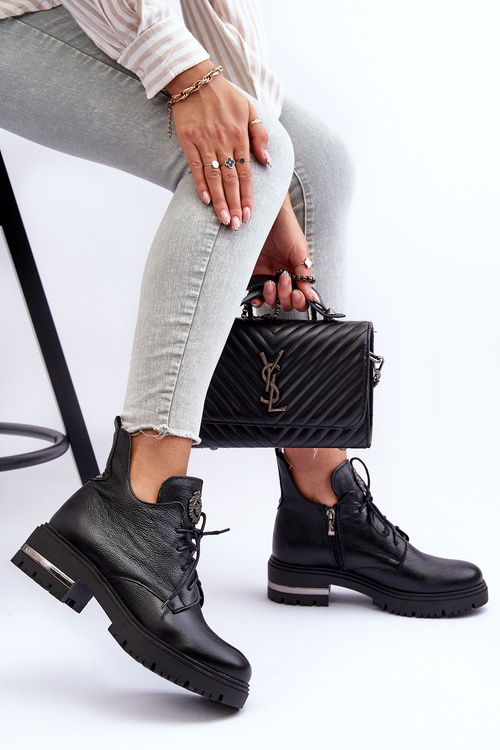 Botki Damskie Skóra Płaski Obcas Czarne Zazoo 60309