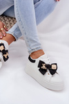 Women's Sneakers With Bow And Brooch With Bear Black-White Leathria