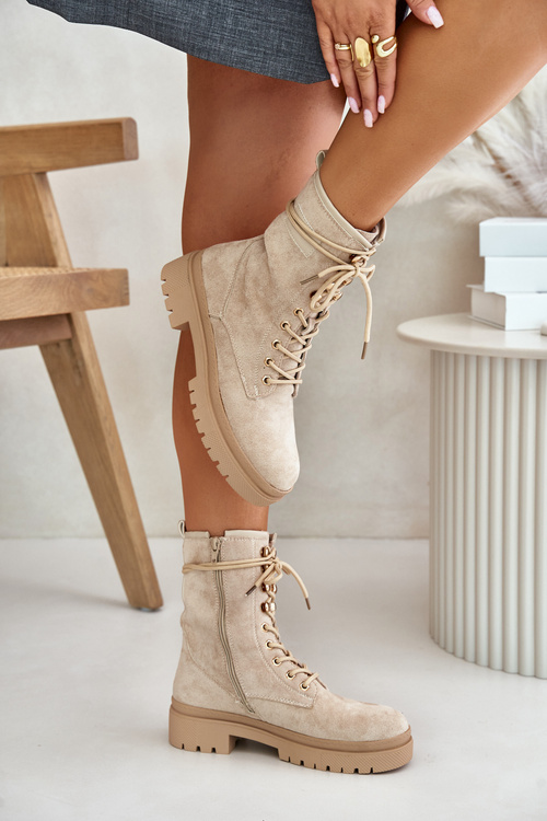 Damskie Botki Workery Eko Zamszowe Beżowe Savalann