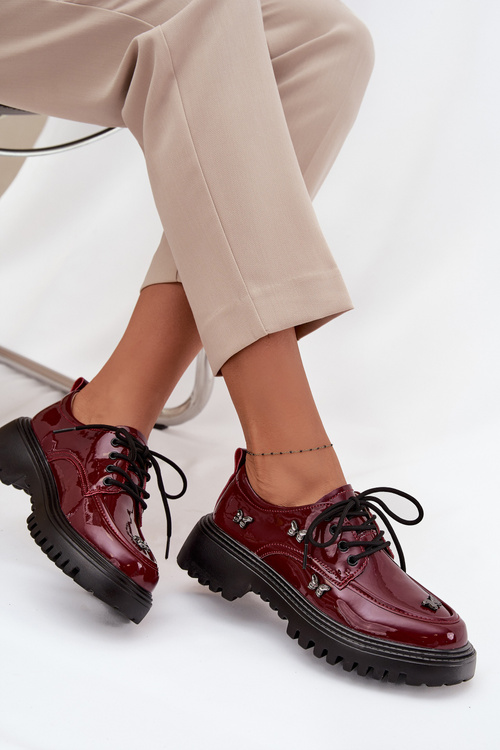 Damskie Półbuty Lakierowane Skóra Przypinki Bordowe Artiker 57C0336