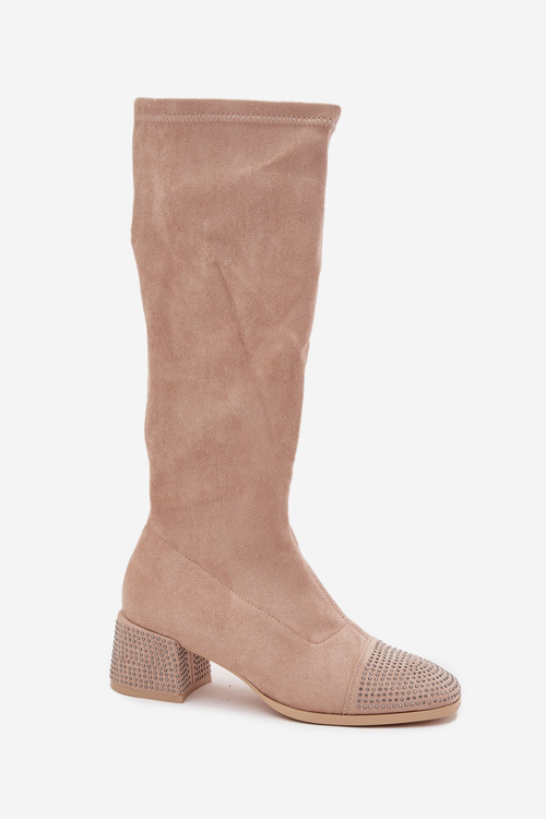 Women's Boots with Embellishment on Block Eco Suede Beige Ivanna