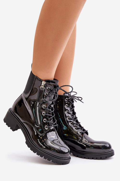 Lacquered Work Boots With Zipper Insulated Black Ravanthia