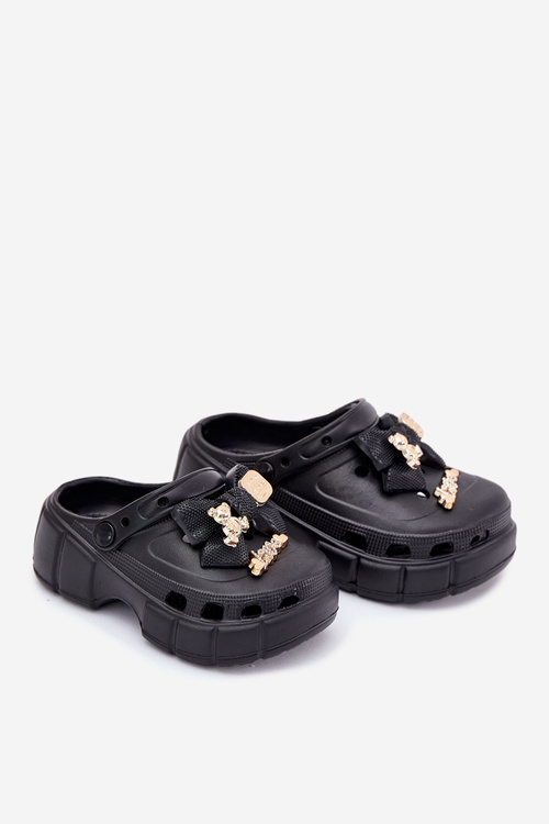 Girls Foam Slippers With Bow And Decorations Black Selvana