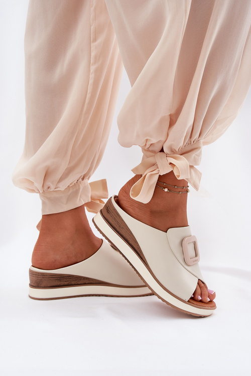 Klapki Damskie Skóra Naturalna Koturn Jasnobeżowe Artiker 56C2145