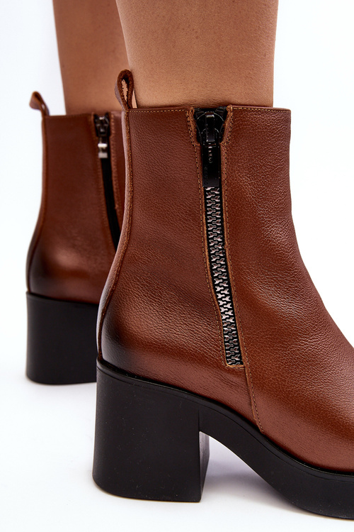 Leather Boots with Chunky Heel and Zippers Brown Lemar Littosa