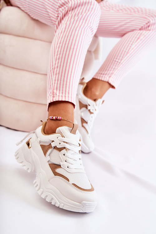 Buty Sportowe Modne Materiałowe Beżowo-Białe Amariso