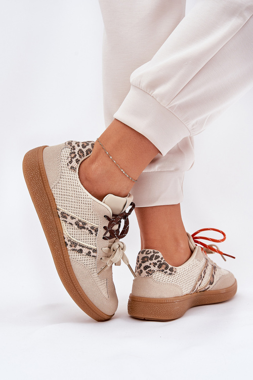 Women's Sneakers With Double Lacing Leopard Beige Ollabes