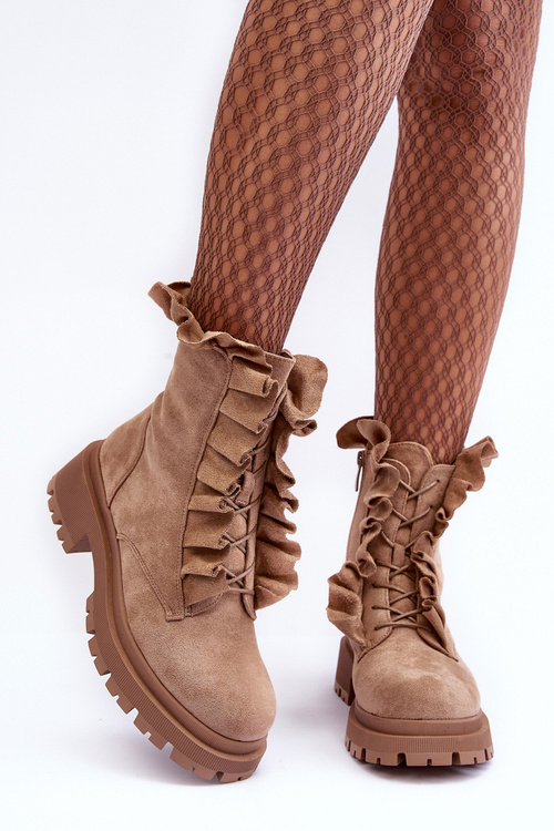 Botki Workery Ocieplane Zamsz Płaski Obcas Beżowe Nacelle NS336P