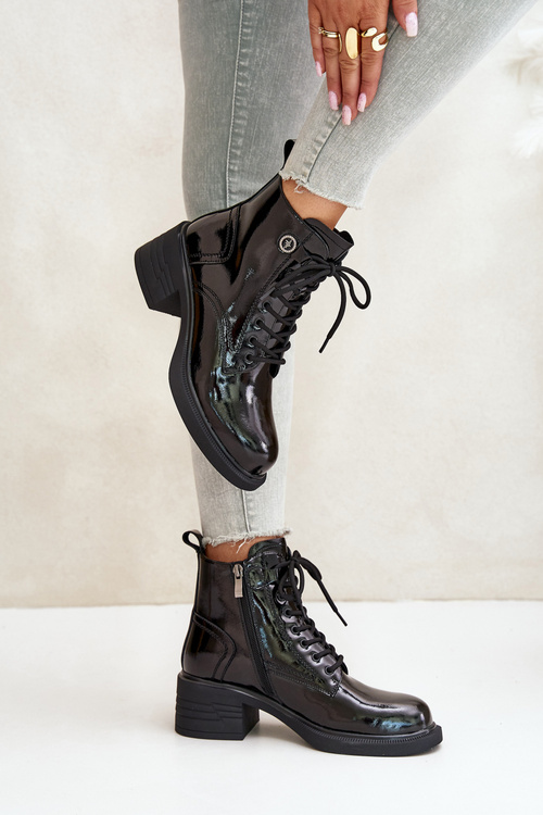 Botki Na Klocku Lakierowane Skórzane Ocieplane Czarne D&A JC42-78