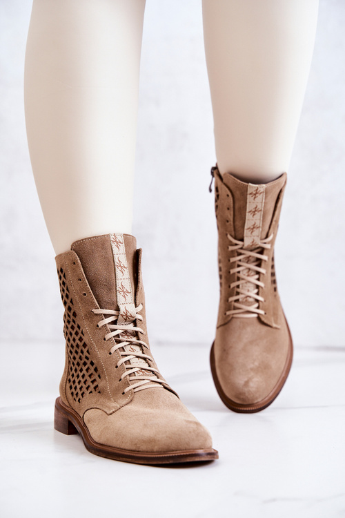 Botki Zamszowe Ażurowe Wiązane Beżowe Nicole 2696