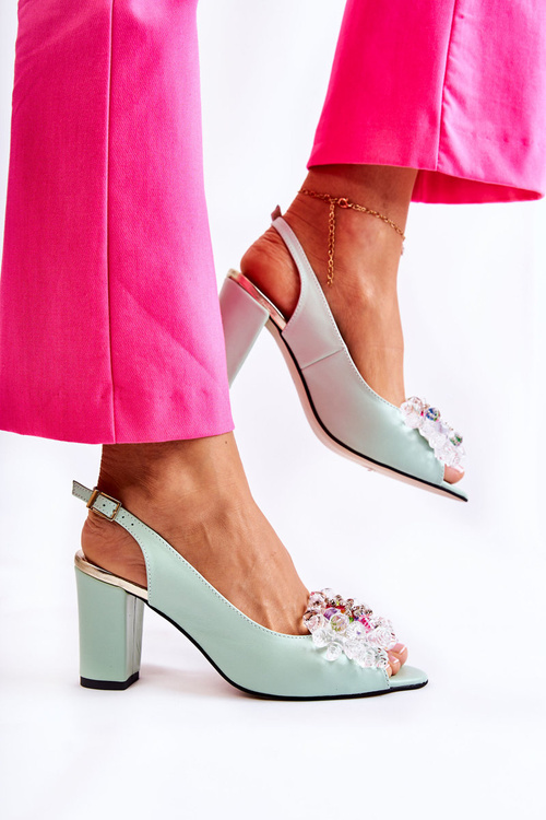 Fashionable Leather Pumps Sandals With Decoration Green Meriss