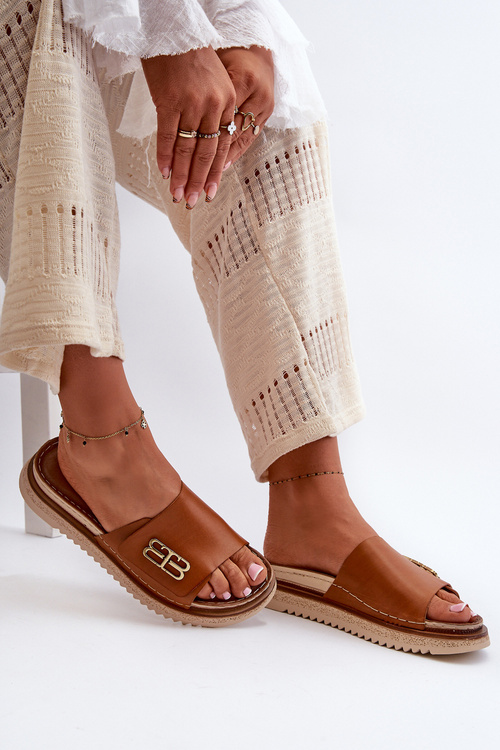 Klapki Skórzane Damskie Na Platformie Brązowe Zazoo 50101