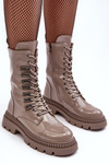 Botki Workery Damskie Sznurowane Lakierowane S.Barski MR870-72 Ciemnobeżowe 