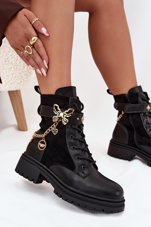 Women's Work Boots Insulated With Gold Chain And Charms Black Vessara