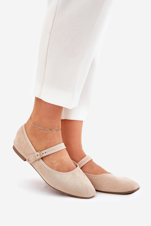 Ballet Flats With Strap And Buckle Eco Suede Beige Vikilora