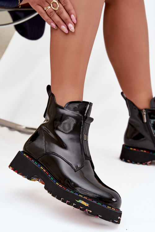 Damskie Botki Lakierowana Skóra Naturalna Ocieplane Czarne Artiker 57C0166 