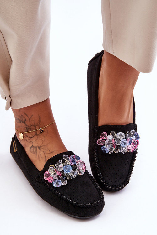 Stylish Suede Moccasins with Embellishments Black Delima