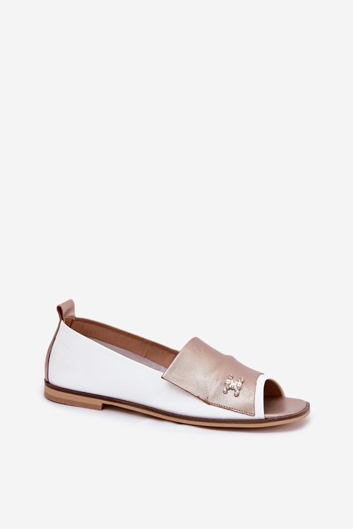 Leather Elegant Ballet Flats With Open Toes White-Gold Zazoo 1865