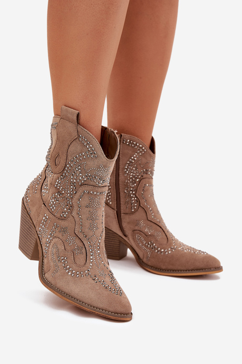 Warm Ladies Ankle Boots Cowboy Style With Decoration Beige Lelira