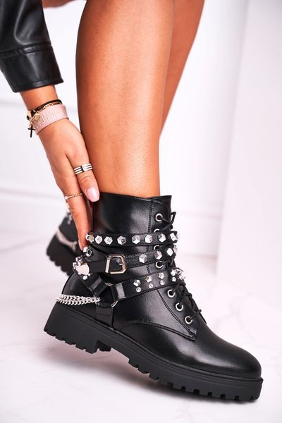 Women's Boots Silver Rivets Chains Black Desire