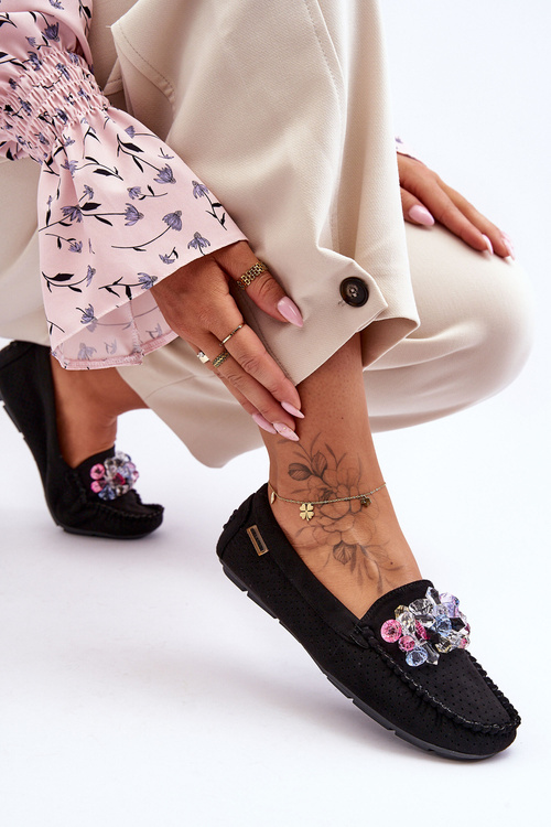 Stylish Suede Moccasins with Embellishments Black Delima