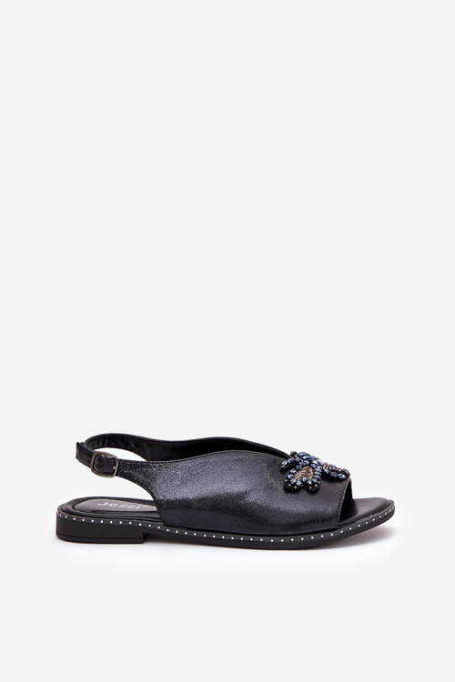 Shiny Women's Sandals With Decoration Flat Black Russona