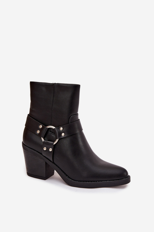 Damskie Botki Obcas Słupek Ocieplane Z Ozdobnym Elementem Czarne Jurelle