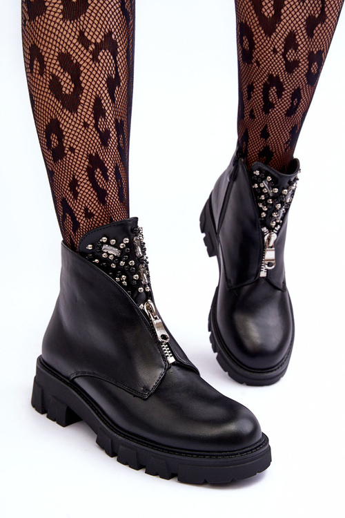 Low Embellished Leather Boots With Zipper Black Escika