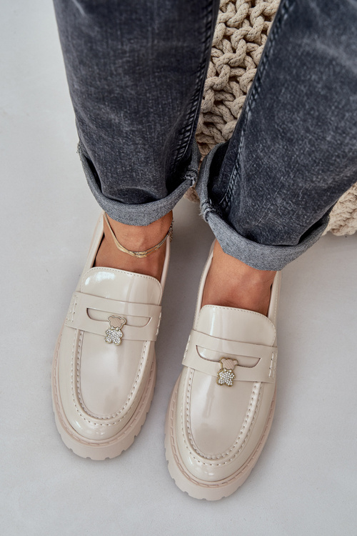 Lacquered Women's Moccasins With Teddy Bear Beige Wulinea