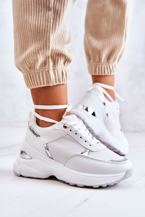 Buty Sportowe Damskie Błyszczące Koturn Białe Activity