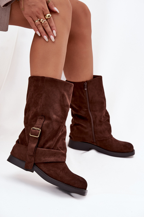 Women's Boots With Turned Shaft To Mid Calf With Clasp Chocolate Minelle