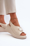 Leather Women's Wedge Sandals with Ornament Beige Salvania