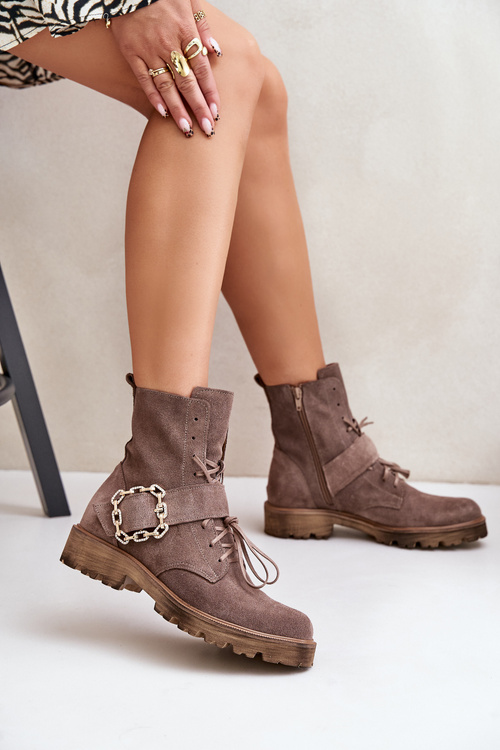 Zazoo 2951 Suede Ankle Boots With Decorative Buckle Dark Beige