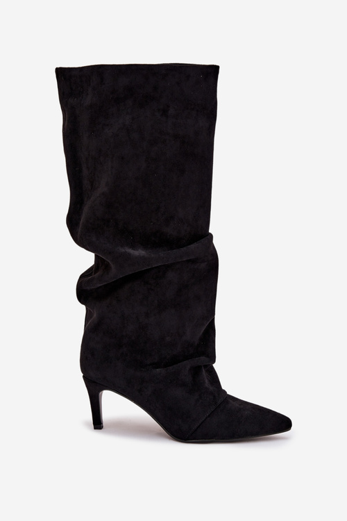Wrinkled High Heel Boots Made of Eco Suede Lined Black Mavella