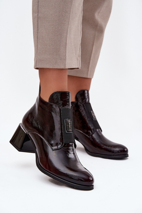 Leather Lacquered Block Heel Ankle Boots with Decorative Detail Insulated Zazoo 60560 Bordeaux