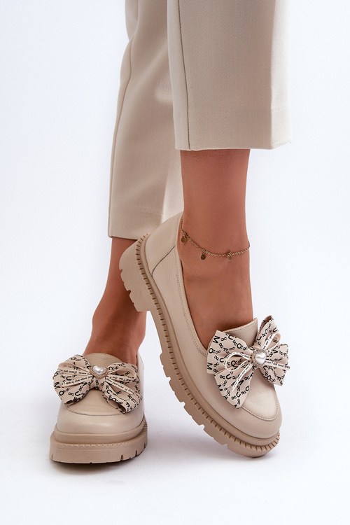 Women's Leather Moccasins With Bow Laura Messi 2787 Beige