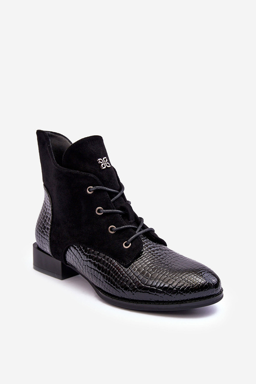 Leather Half-Boots With Flat Heel Animal Pattern Black Tianeta 