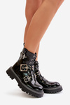 Lacquered Worker Boots With Buckles Black Serizia