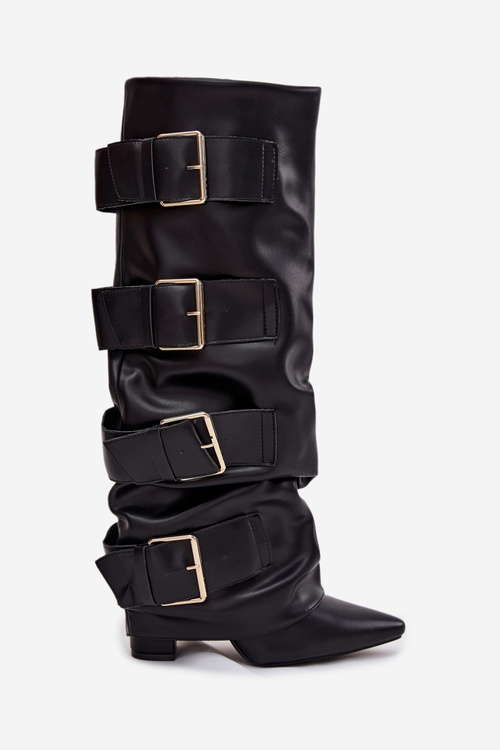 Women's heeled boots with turned upper and gold buckles Black Isavelle