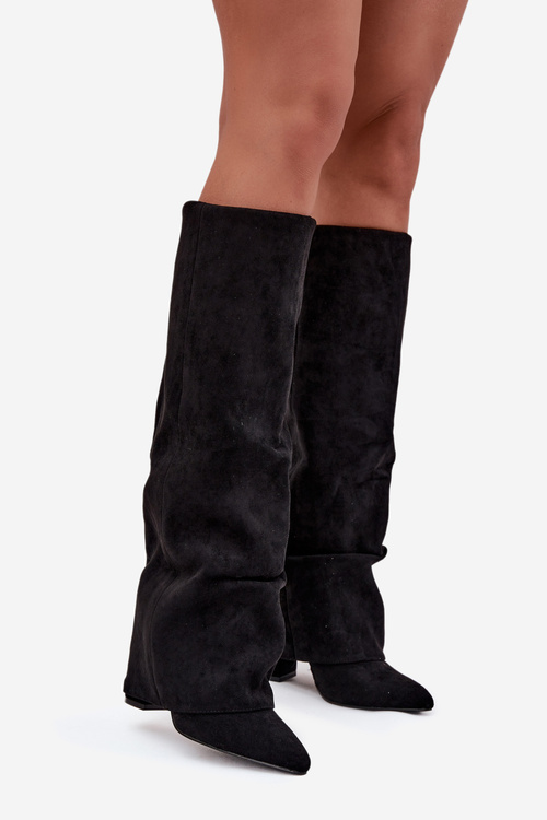 Insulated Women's Boots with Turned Shaft on Heel Eco Suede Black Elivira