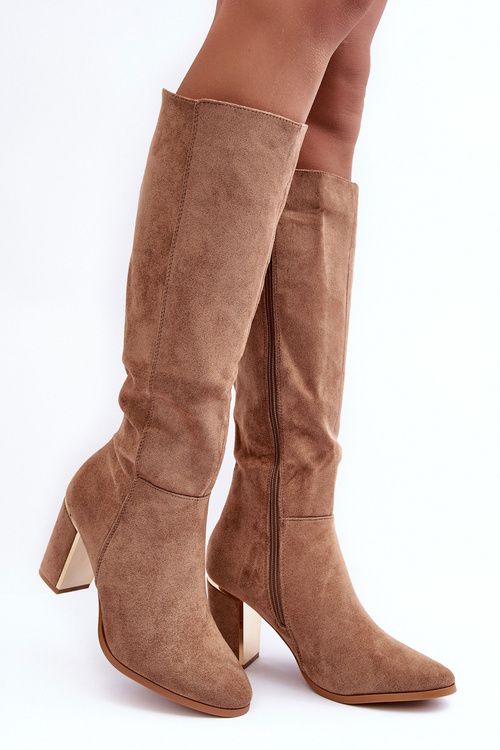 Women's Over-the-Knee Boots in Suede on Heel Dark Beige Kilrenita