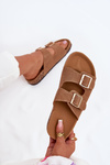 Ladies Slippers With Golden Buckles And Stitching Light Brown Lunera