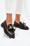 Mokasyny Damskie Lakierowane Kokardka i Ozdobna Broszka Czarne Leandriel