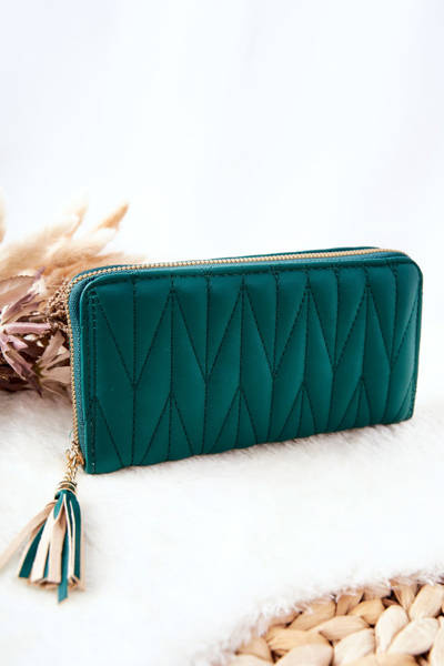 Large Quilted Zip Wallet with Strap Green