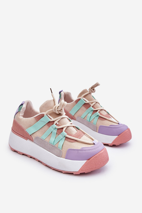 Buty Sportowe Damskie Zamsz Platforma Beżowo-Różowe Rohan
