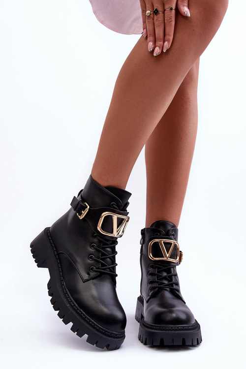 Stylish Lace-up Boots with Ornament Black Ollia