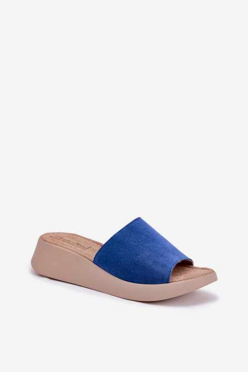 Damskie Klapki Na Koturnie Zamszowe Niebieskie Panto Fino RR267041